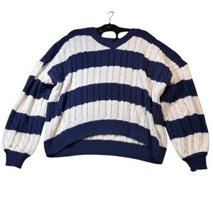 Oversized Navy White Striped Cable Knit V Neck Sweater Plus Size 3XL SHEIN CURVE